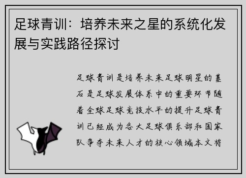 足球青训：培养未来之星的系统化发展与实践路径探讨