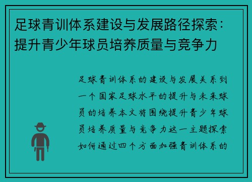 足球青训体系建设与发展路径探索：提升青少年球员培养质量与竞争力